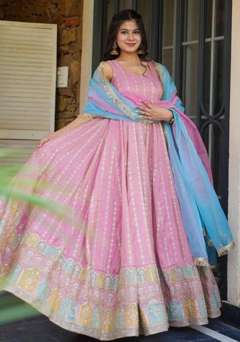 Pink Printed Organza Gown With Dupatta