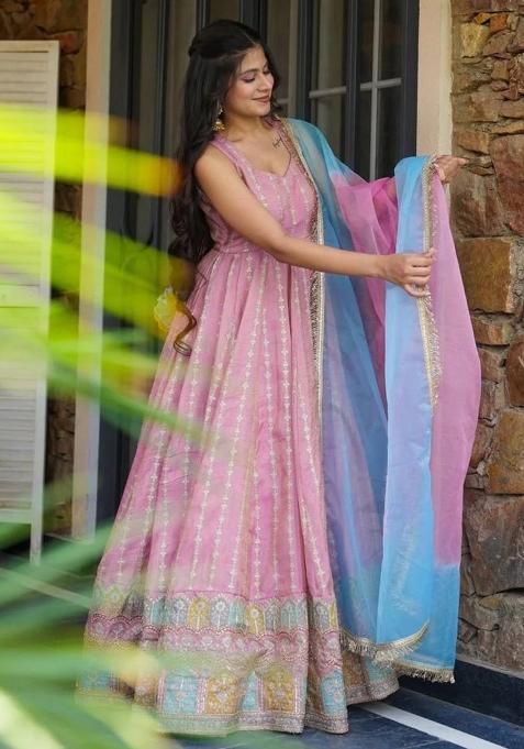 Pink Printed Organza Gown With Dupatta