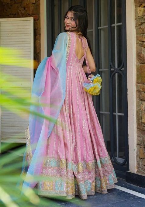 Pink Printed Organza Gown With Dupatta
