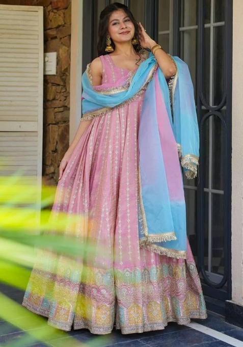 Pink Printed Organza Gown With Dupatta