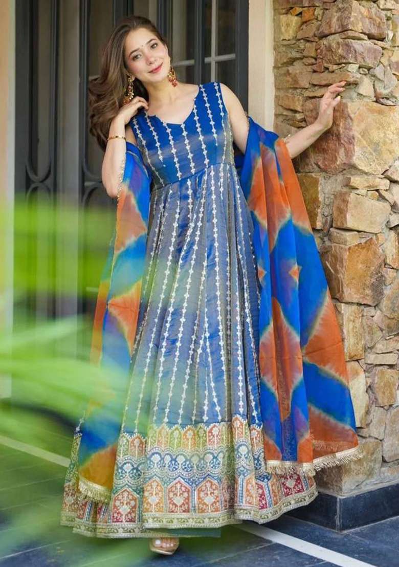 Royal Blue Printed Organza Gown With Dupatta - Indya