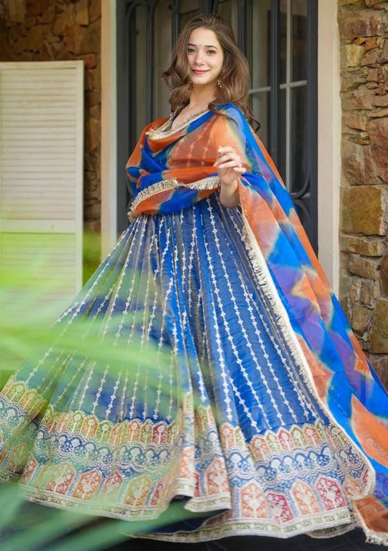 Royal Blue Printed Organza Gown With Dupatta - Indya