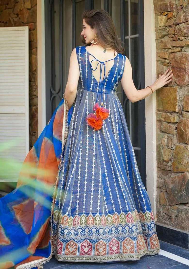 Royal Blue Printed Organza Gown With Dupatta - Indya