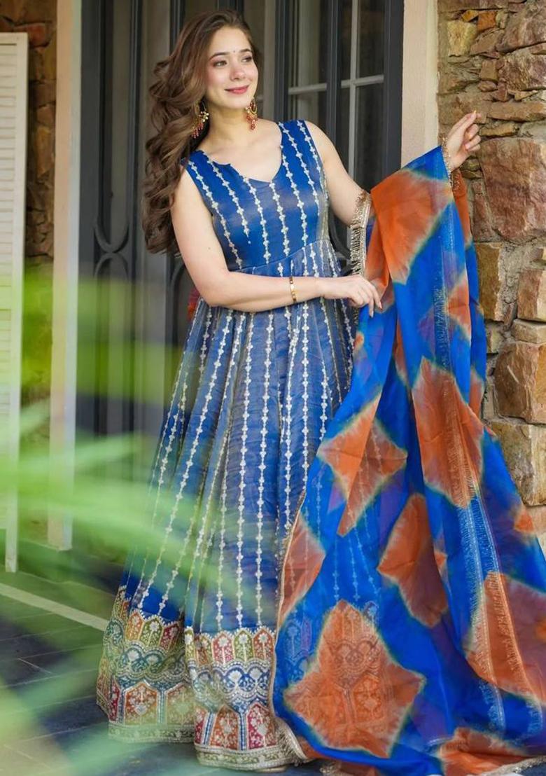 Royal Blue Printed Organza Gown With Dupatta - Indya