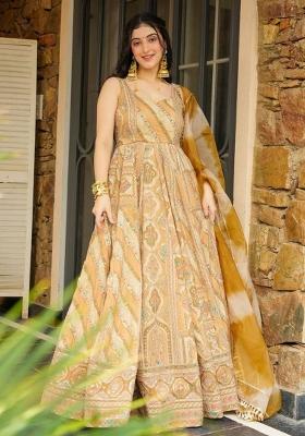 Yellow Printed Organza Gown With Dupatta