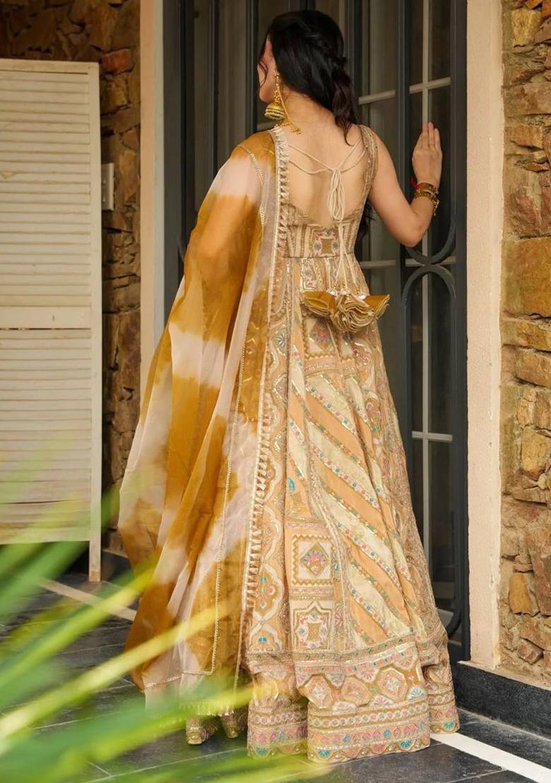 Yellow Printed Organza Gown With Dupatta