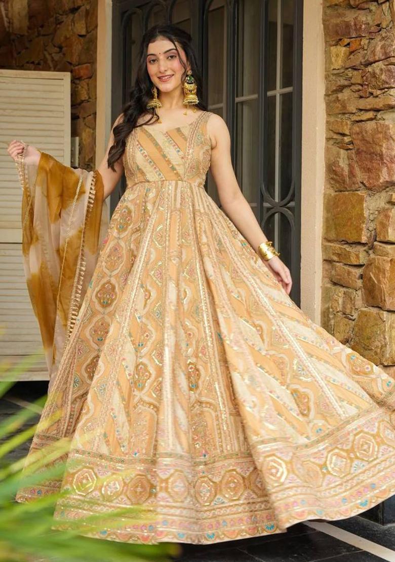 Yellow Printed Organza Gown With Dupatta