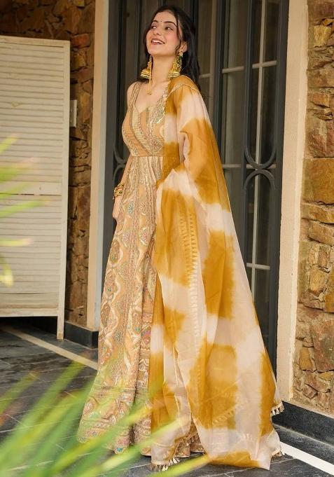 Yellow Printed Organza Gown With Dupatta