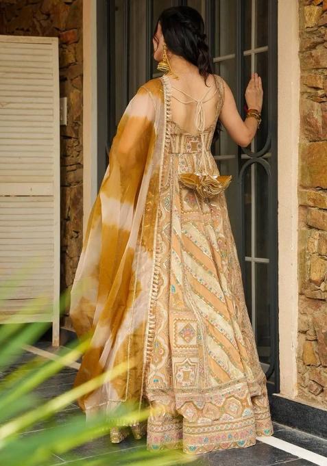 Yellow Printed Organza Gown With Dupatta