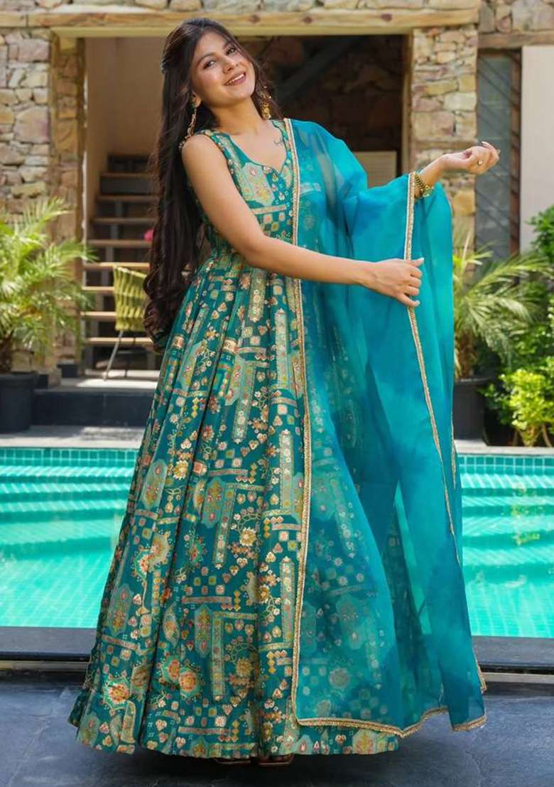 Blue Printed Organza Gown With Dupatta - Indya