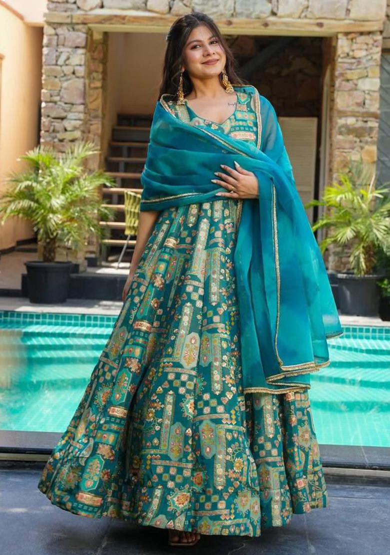 Blue Printed Organza Gown With Dupatta - Indya