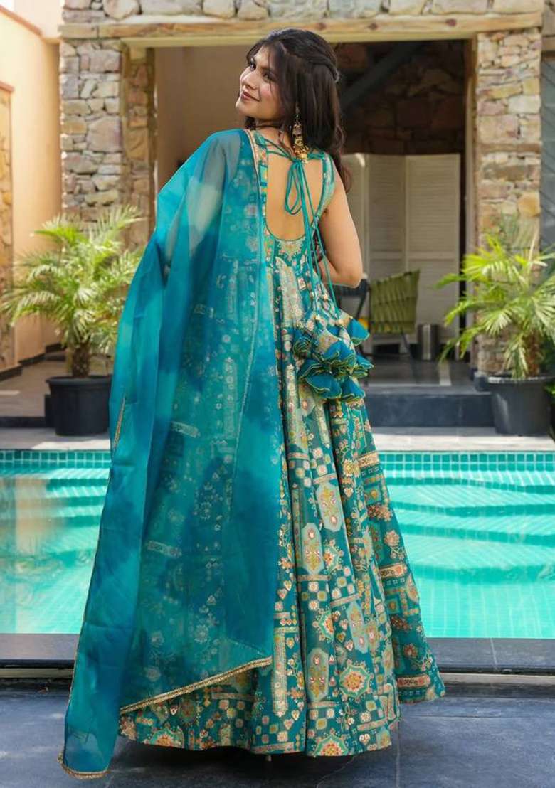 Blue Printed Organza Gown With Dupatta - Indya