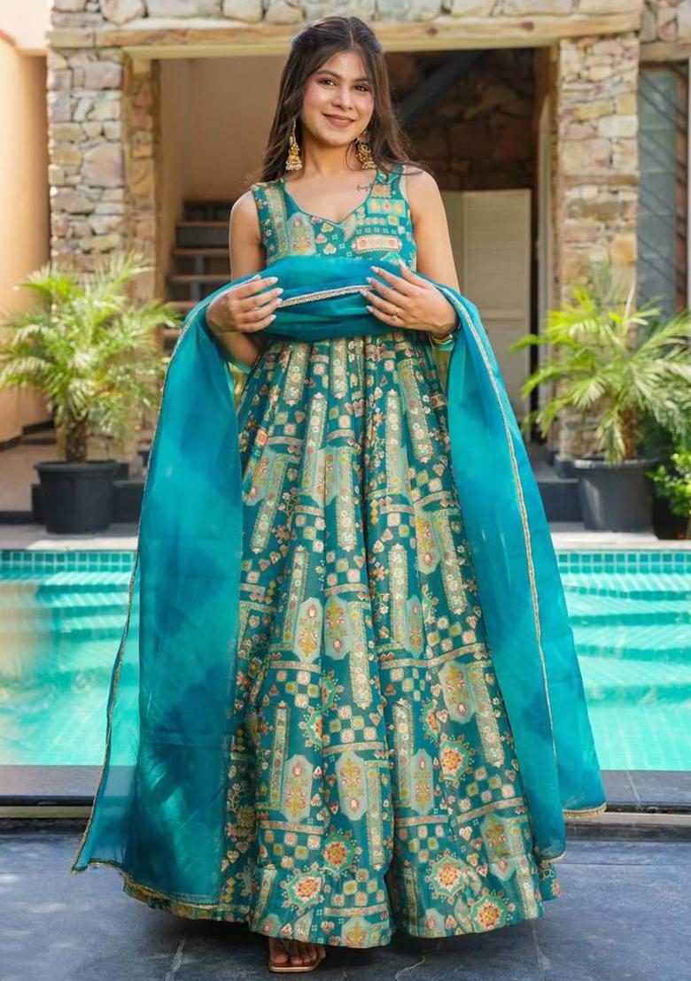 Blue Printed Organza Gown With Dupatta - Indya