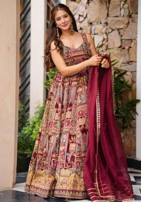 Maroon Printed Organza Gown With Dupatta