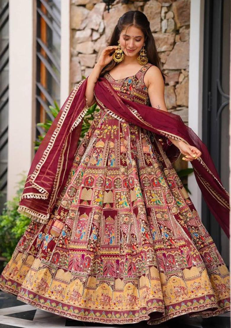 Maroon Printed Organza Gown With Dupatta - Indya