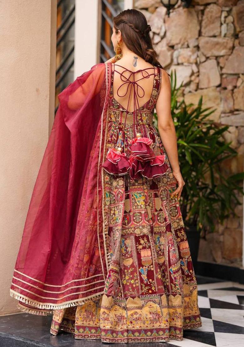 Maroon Printed Organza Gown With Dupatta