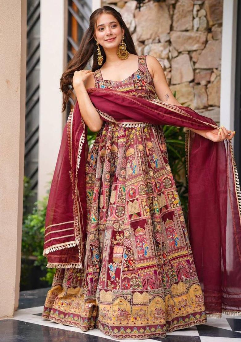 Maroon Printed Organza Gown With Dupatta - Indya