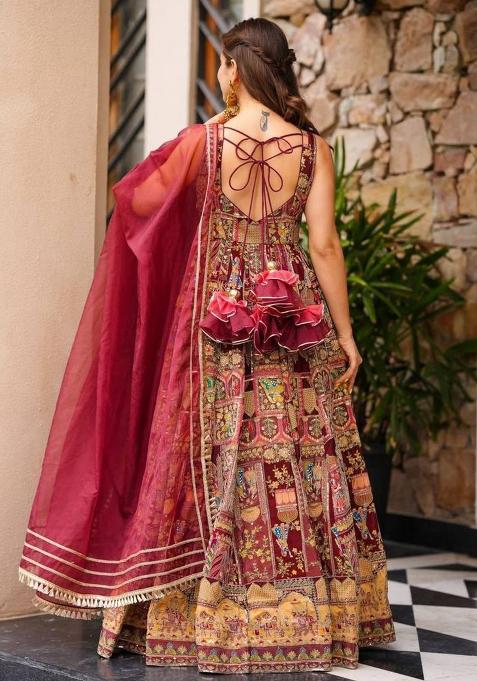 Maroon Printed Organza Gown With Dupatta