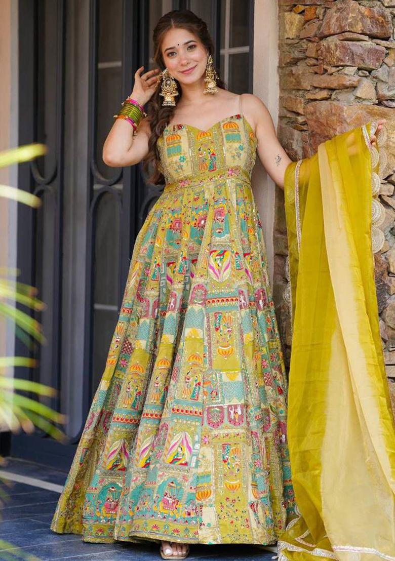 Yellow Printed Organza Gown With Dupatta