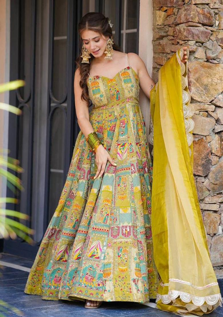 Yellow Printed Organza Gown With Dupatta