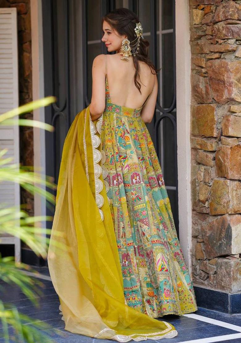 Yellow Printed Organza Gown With Dupatta