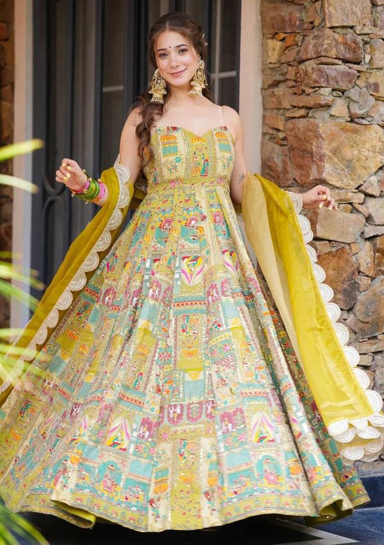 Yellow Printed Organza Gown With Dupatta