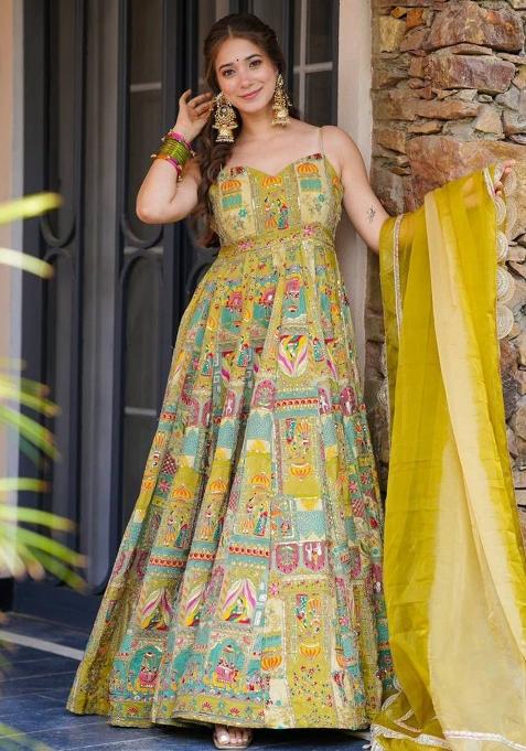Yellow Printed Organza Gown With Dupatta