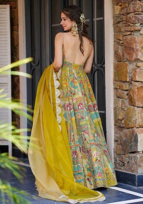 Yellow Printed Organza Gown With Dupatta