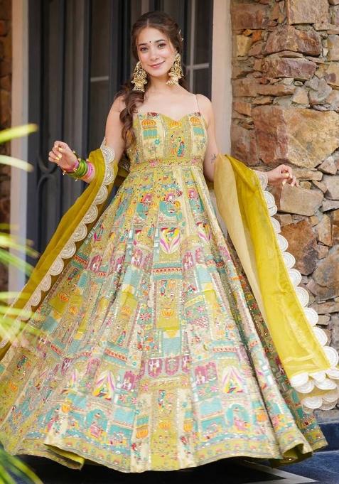 Yellow Printed Organza Gown With Dupatta