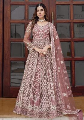 Pink Embroidery Net Gown With Dupatta