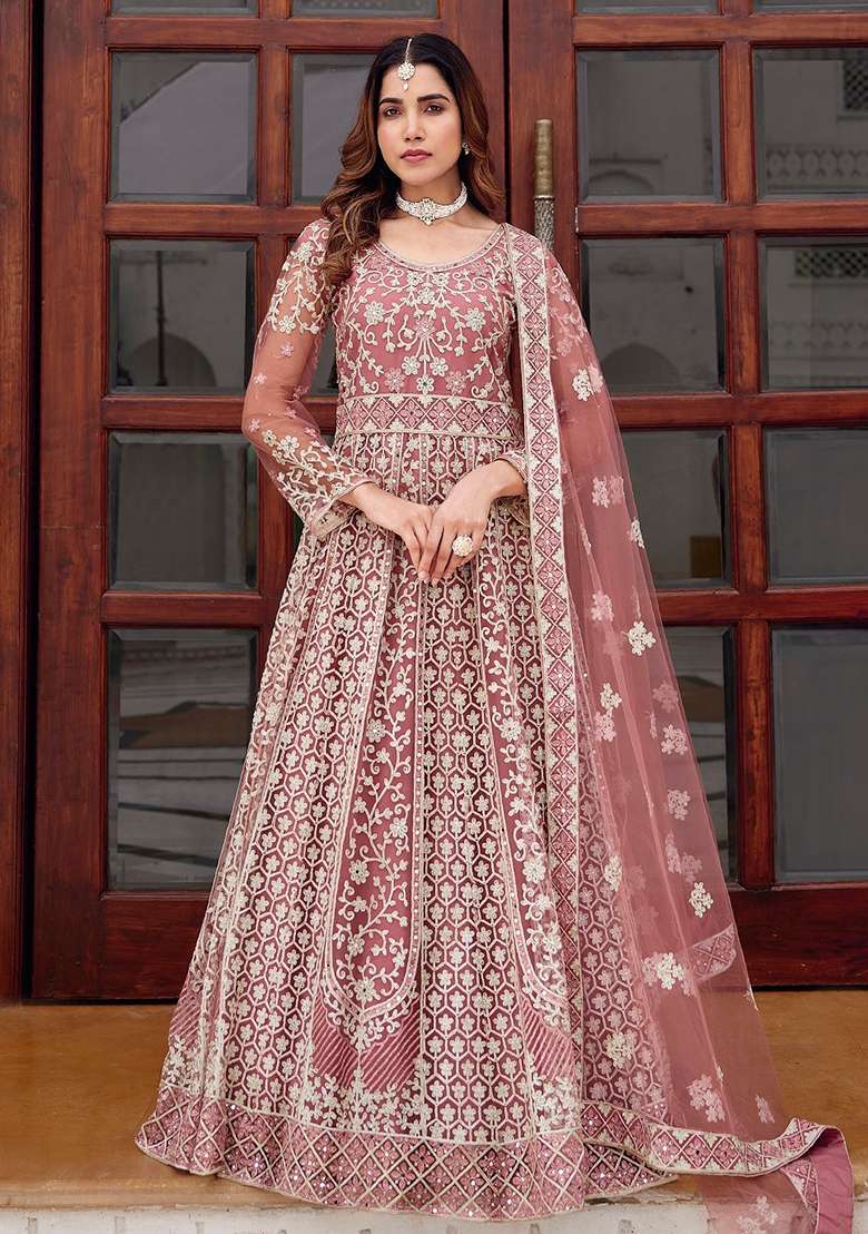Pink Embroidered Net Anarkali Set - Indya