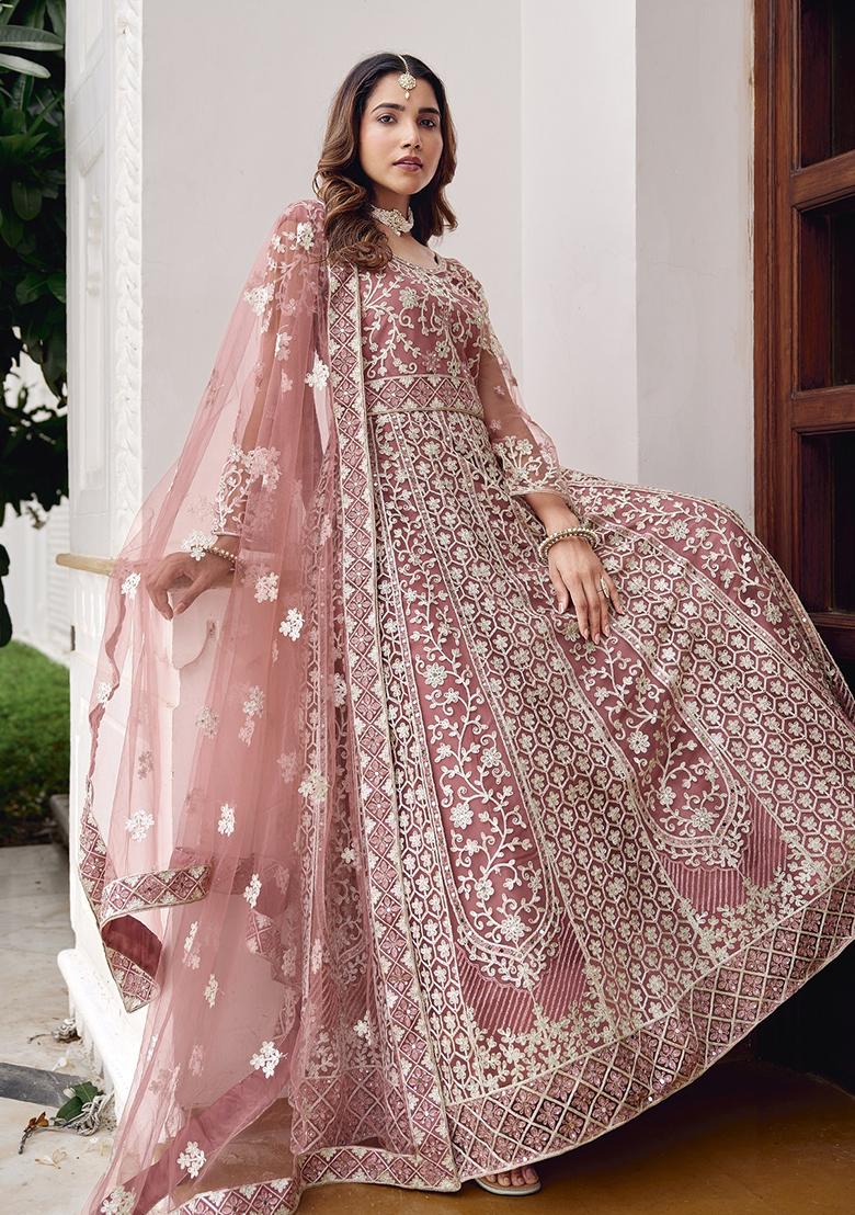 Pink Embroidery Net Gown With Dupatta - Indya
