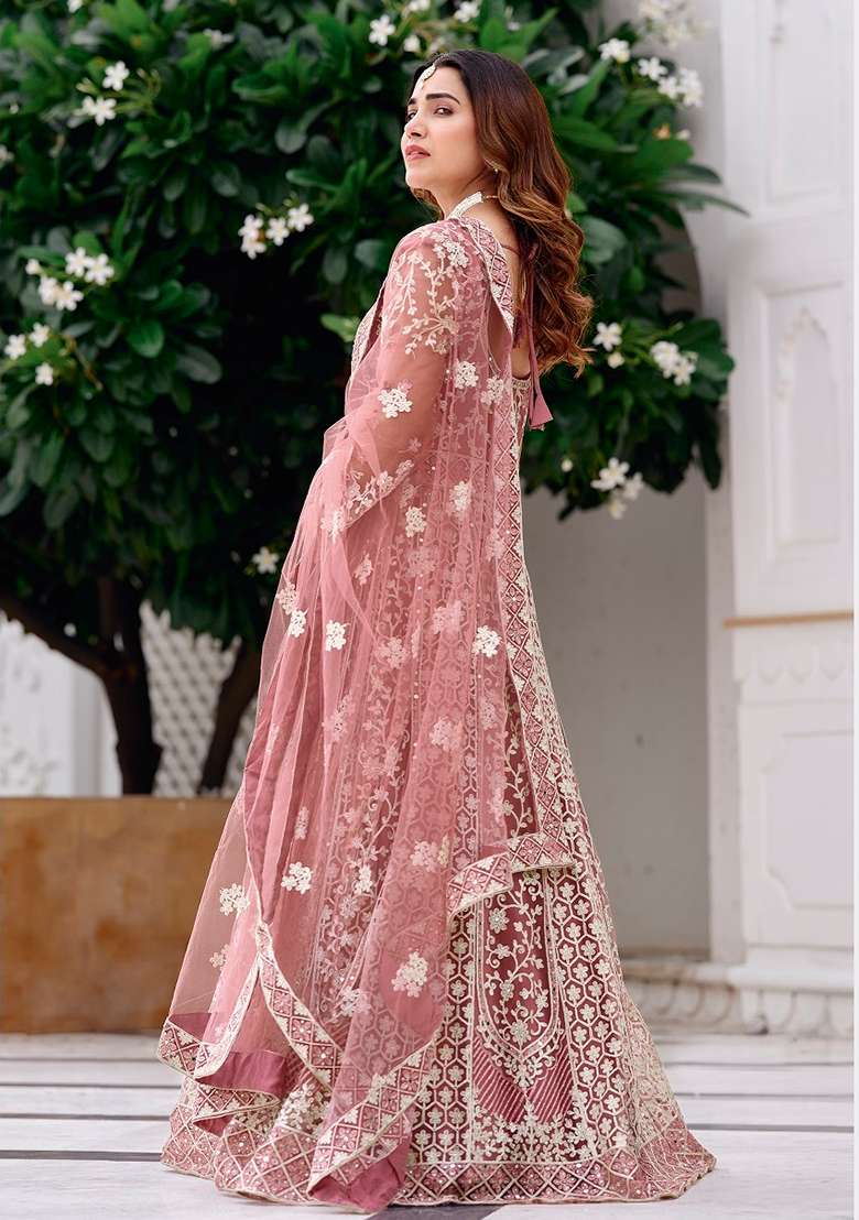 Pink Embroidered Net Anarkali Set - Indya