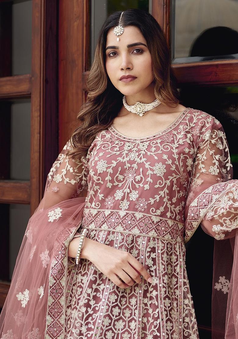Pink Embroidery Net Gown With Dupatta - Indya
