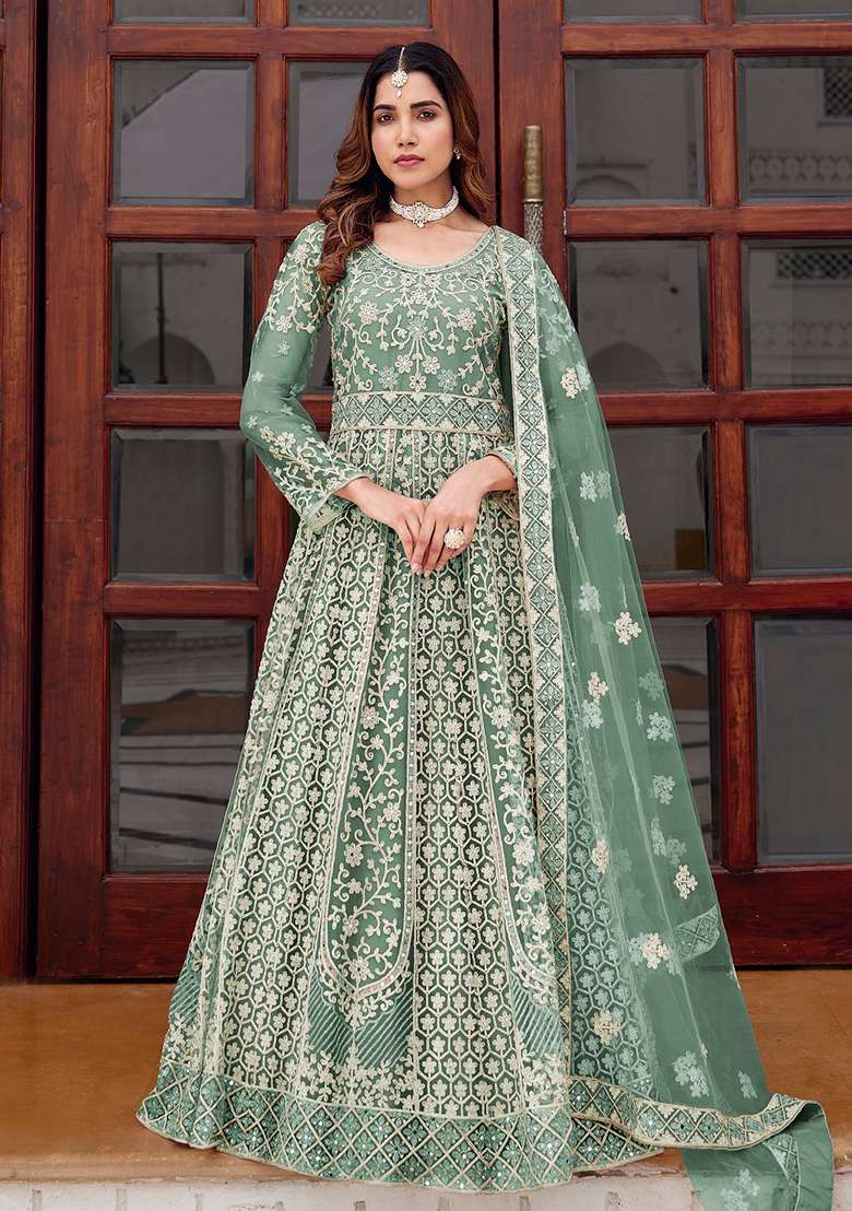 Green Embroidered Net Anarkali Set - Indya