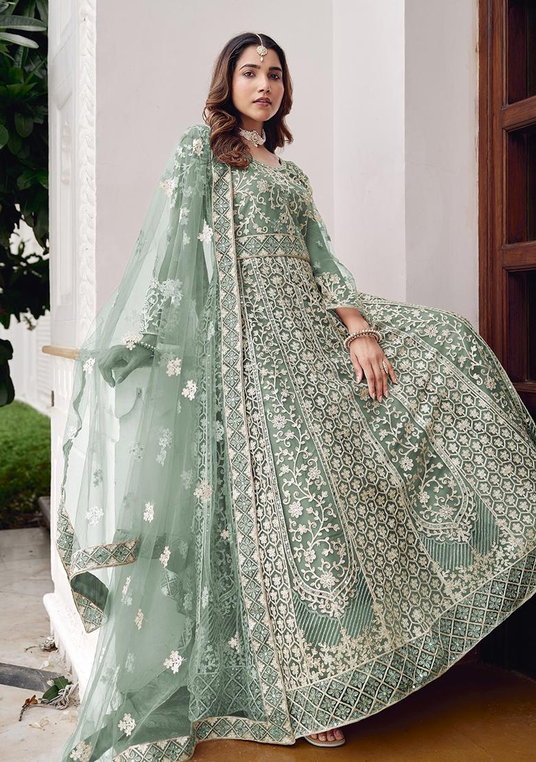 Green Embroidery Net Gown With Dupatta - Indya