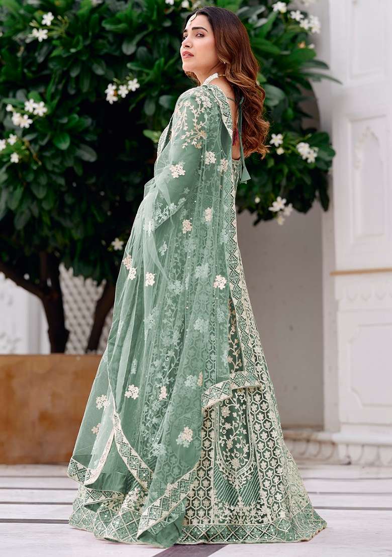 Green Embroidered Net Anarkali Set - Indya