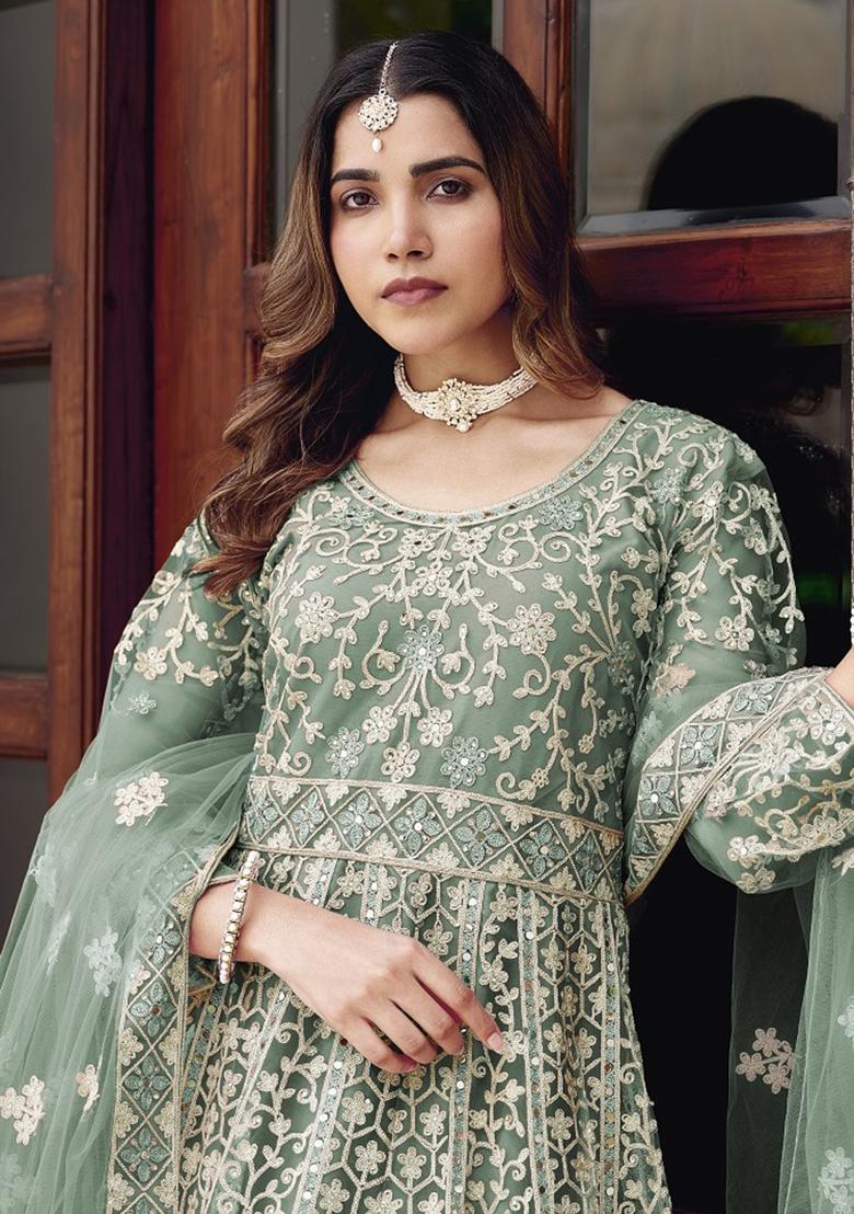 Green Embroidery Net Gown With Dupatta - Indya