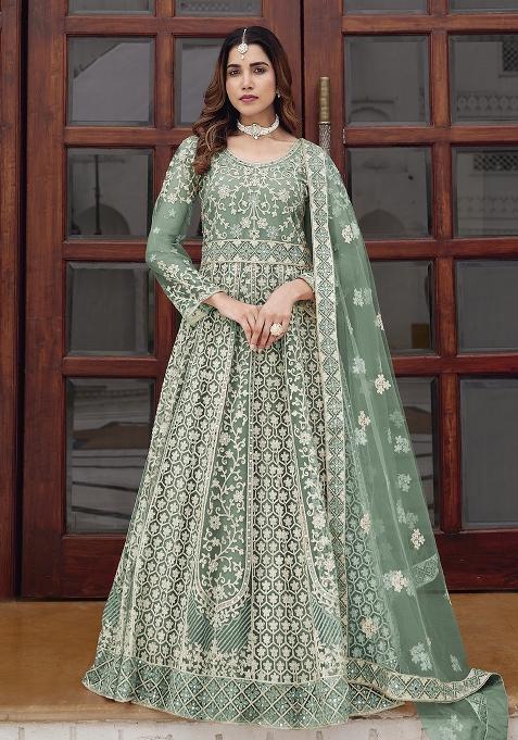 Green Embroidery Net Gown With Dupatta