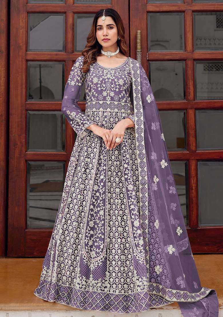 Purple Embroidered Net Anarkali Set - Indya