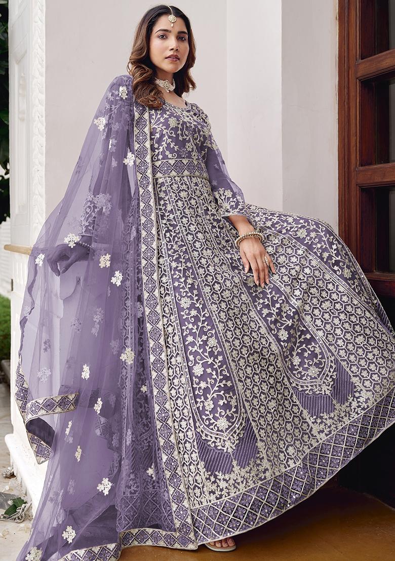 Purple Embroidery Net Gown With Dupatta - Indya