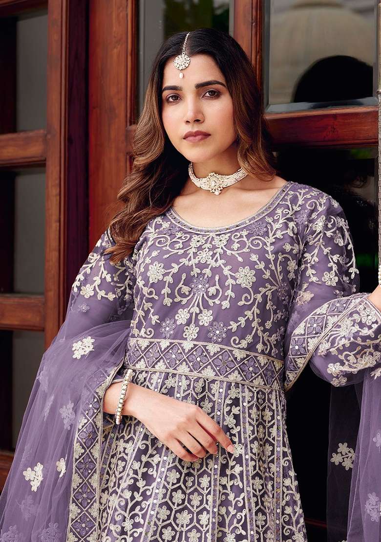 Purple Embroidered Net Anarkali Set - Indya