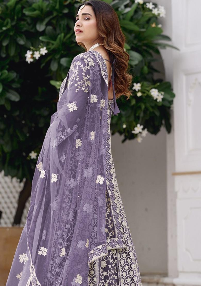 Purple Embroidery Net Gown With Dupatta - Indya