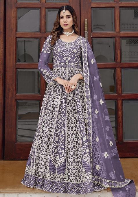 Purple Embroidery Net Gown With Dupatta