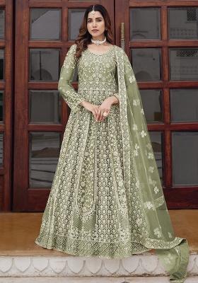 Pista Embroidery Net Gown With Dupatta