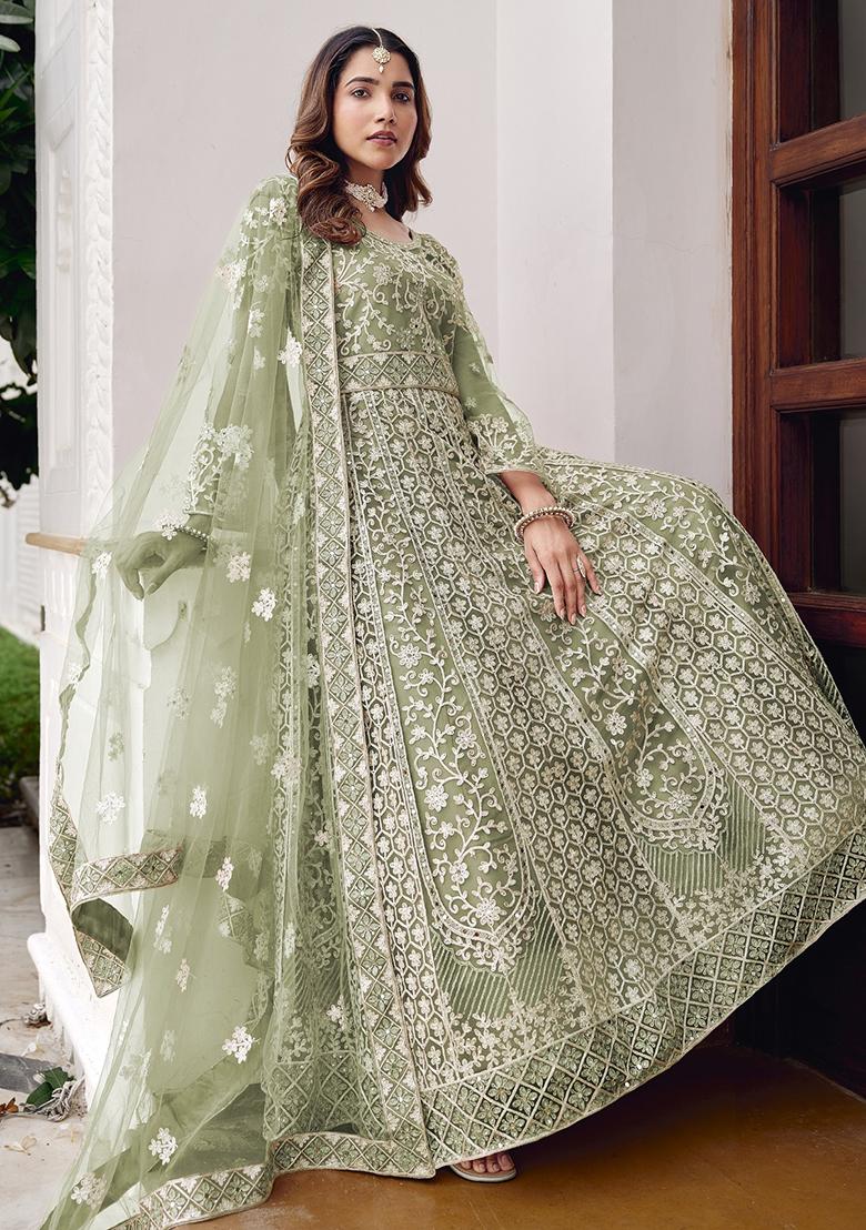Pista Embroidery Net Gown With Dupatta - Indya