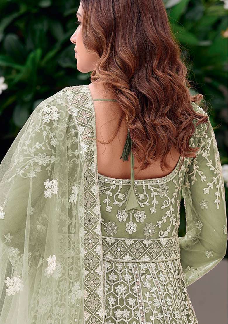 Pista Embroidered Net Anarkali Set - Indya
