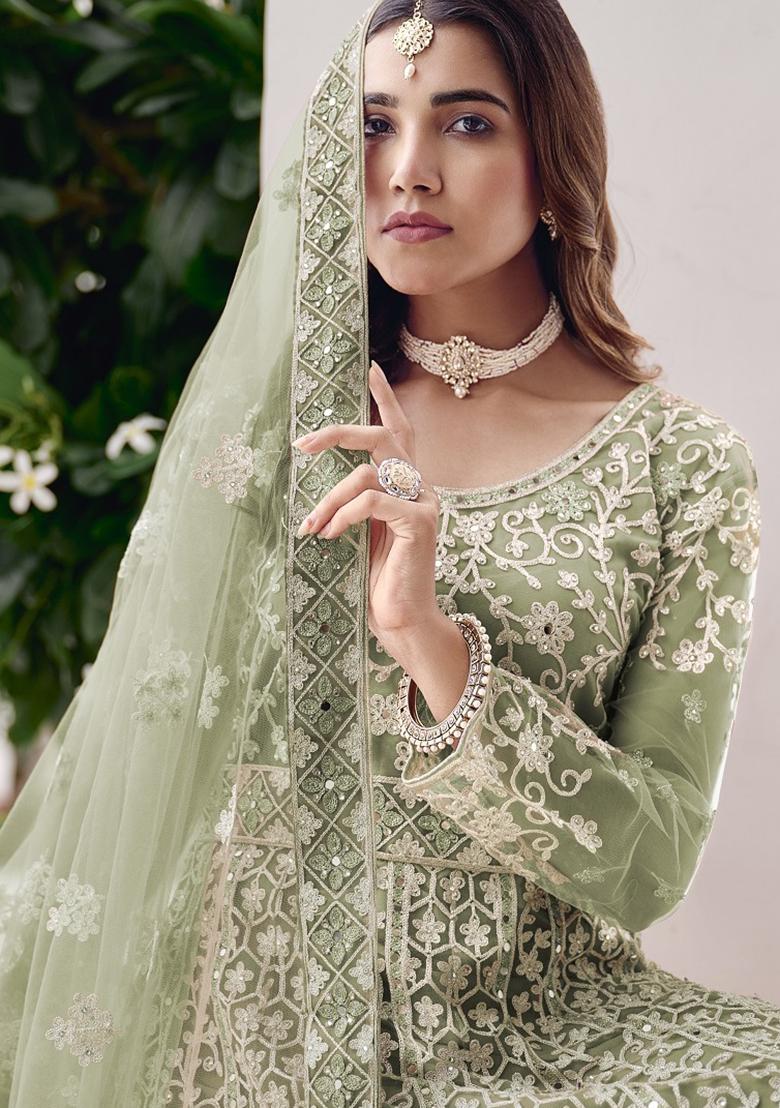 Pista Embroidery Net Gown With Dupatta - Indya