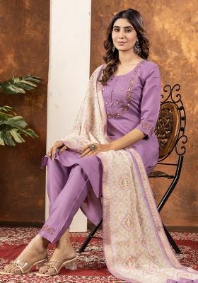 Lavender Embroidery Silk Straight Kurta Set