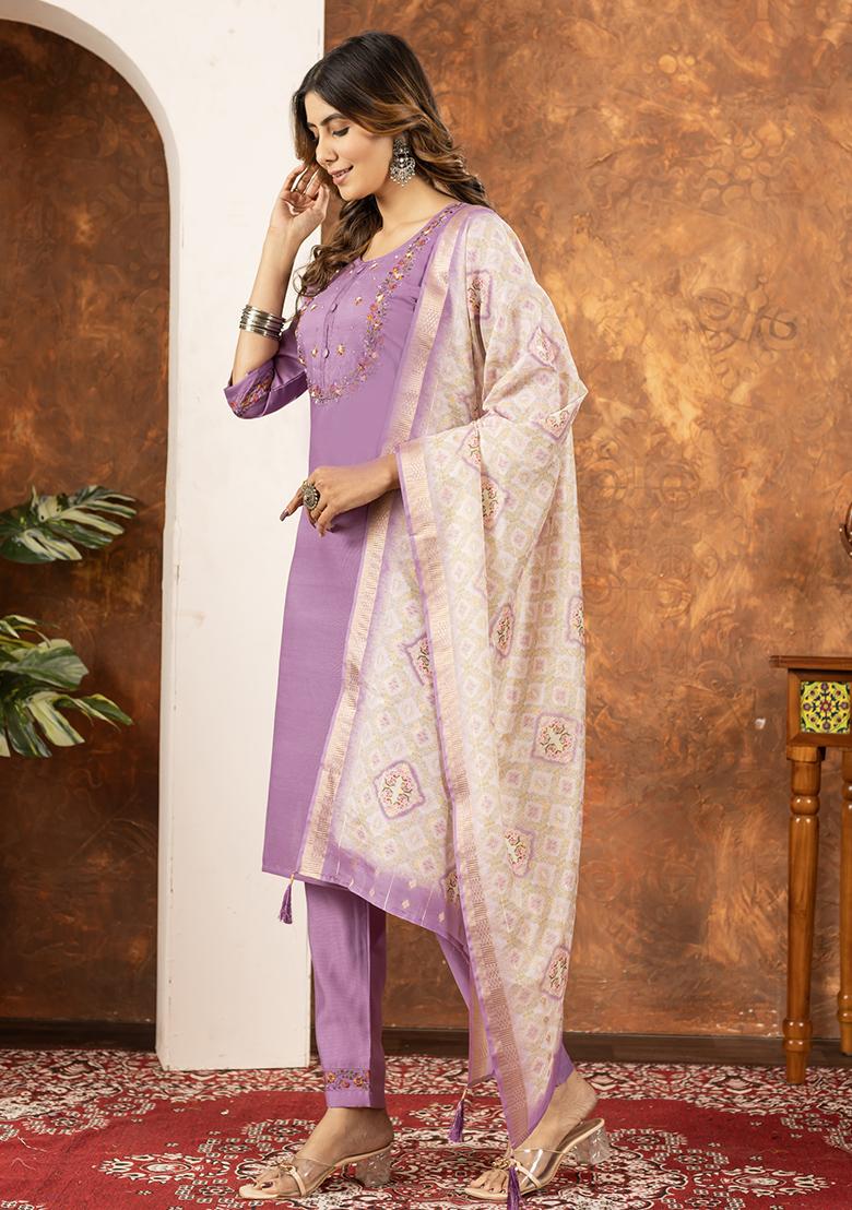 Lavender Embroidery Silk Straight Kurta Set - Indya